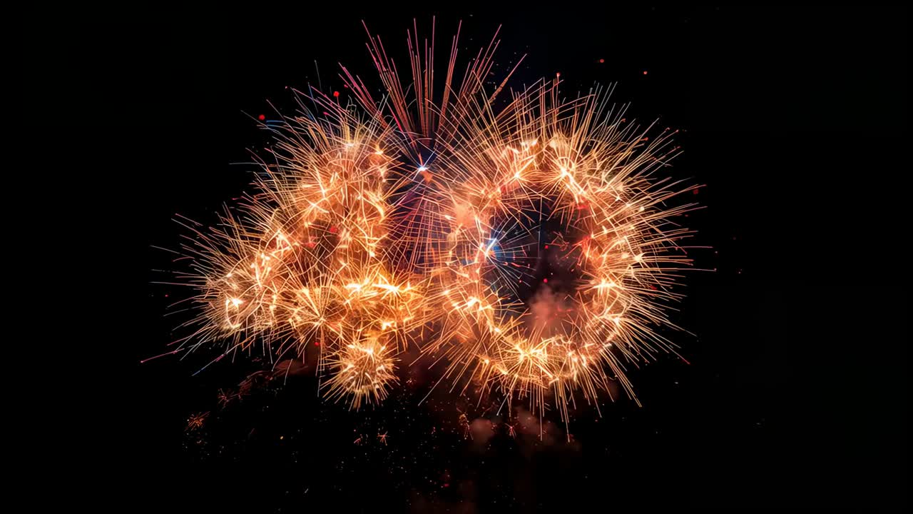Igniting fireworks forming golden 40 at night, marking 40th with falling embers and smoke