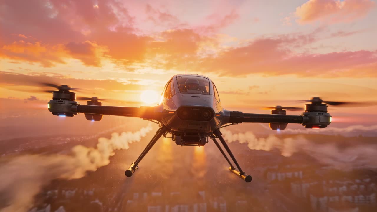 Filmer eVTOL-fly, der nærmer sig og daler ned over byen ved solnedgang, viser landingsstel