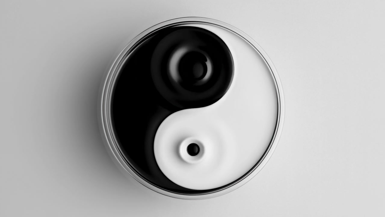 Yin-yang symbool statische weergave zonder actie, op een neutrale achtergrond, met yin-yang symbool, vanuit een direct frontaal perspectief, met zwarte, witte accenten en een neutrale sfeer, objecten in de buurt