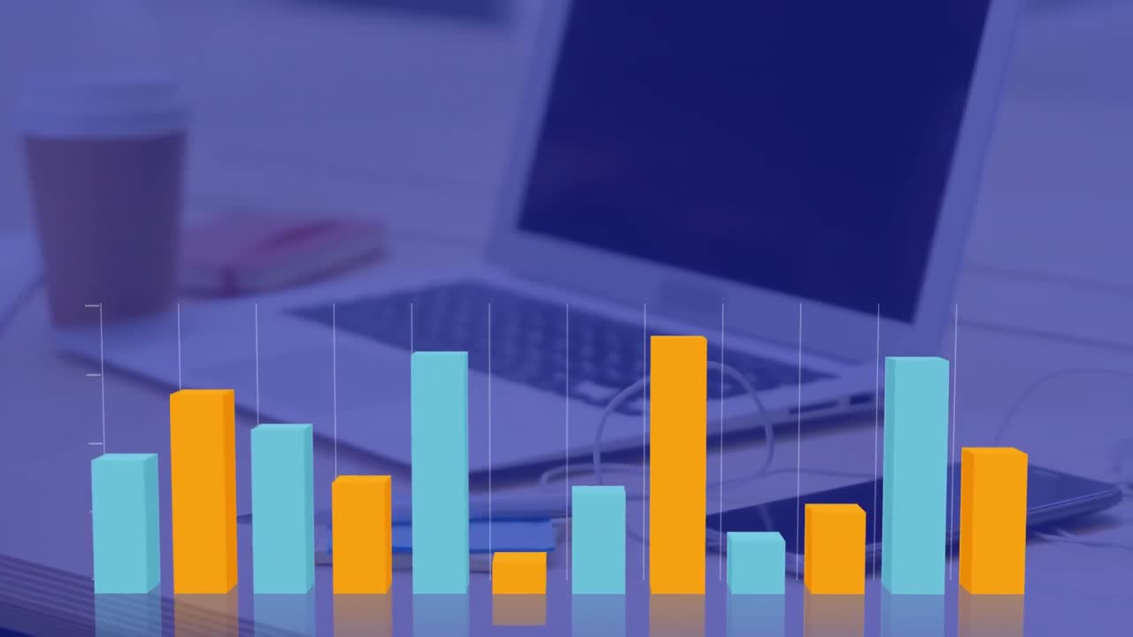 gráficos y estadísticas que se mueven en la cuadrícula con computadora portátil en el fondo