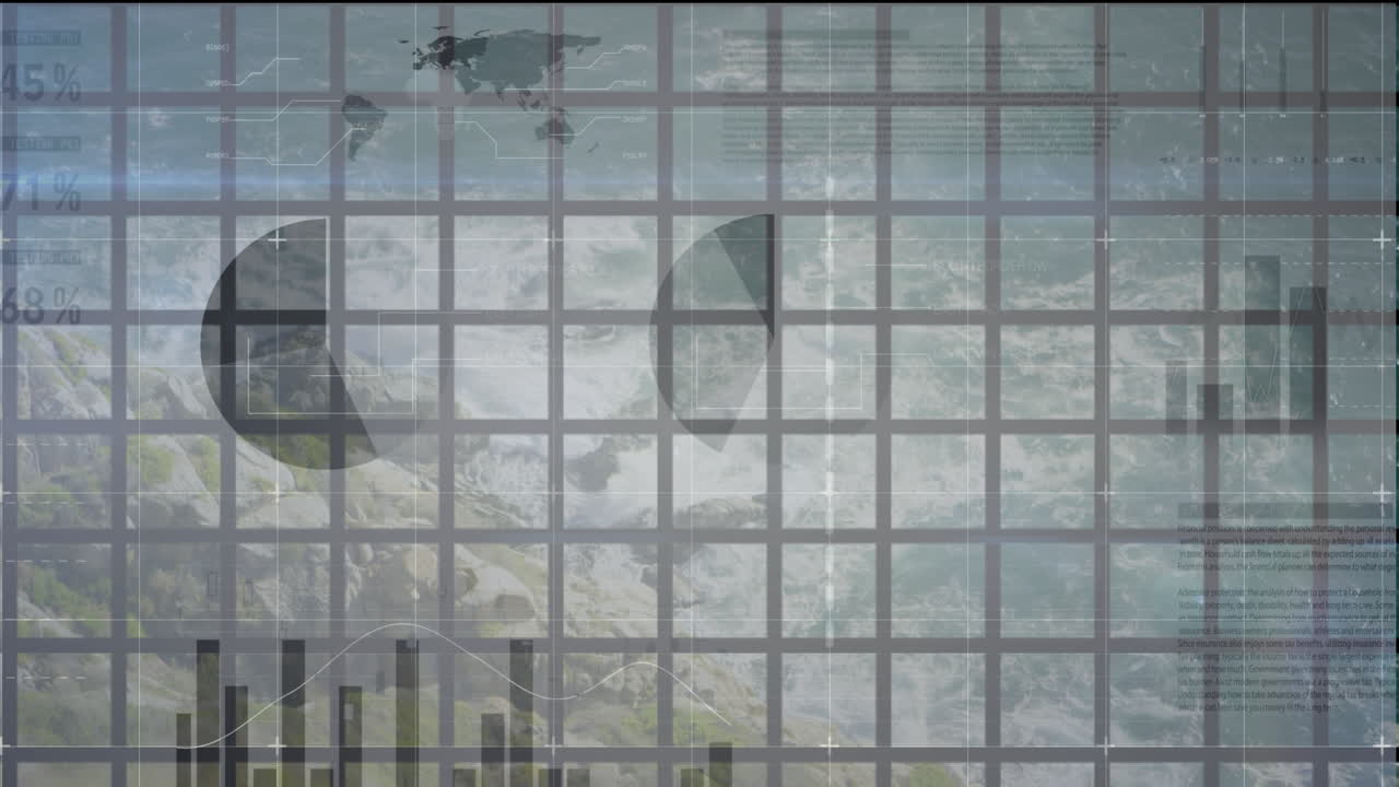 Animation of financial data processing over landscape