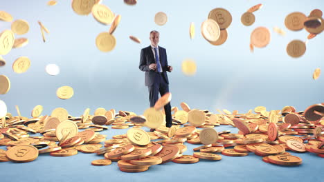 businessman surrounded by a rain of bitcoin coins
