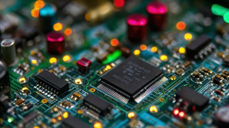 Esplorazione ravvicinata di un vivace circuito stampato con un microchip centrale circondato da condensatori colorati e LED illuminati, che mostra tecnologia avanzata