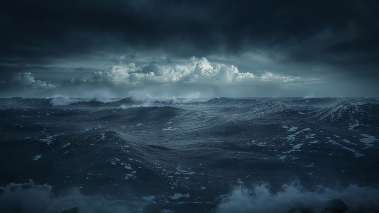 Wind whipping stormy ocean surface into taller swells and lifting spray in open sea, tension rising