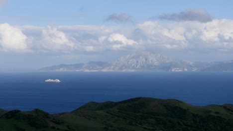looking towards north africa from spain camera = static shot looking towards north africa with a ship from a view point near to tarifa in spain