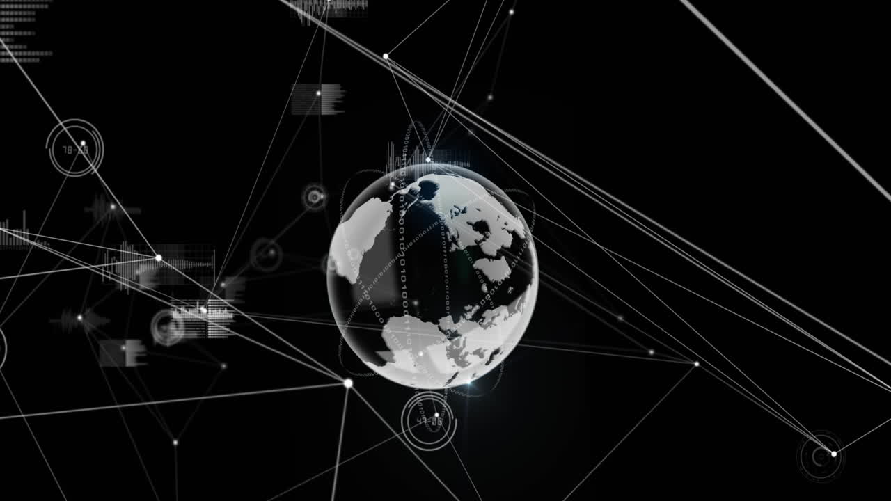Animation of data processing and network of connections over spinning globe on black background
