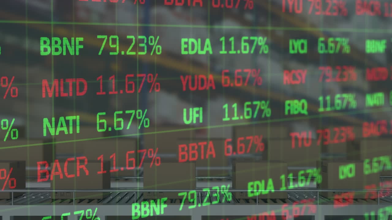 Animazione di elaborazione finanziaria su scatole di cartone su nastri trasportatori in magazzino