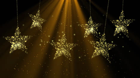 animatie van kerstgouden sterren en sneeuw die op bruine achtergrond valt.