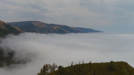 beautiful aerial of fog rolling into the coast of california near big sur