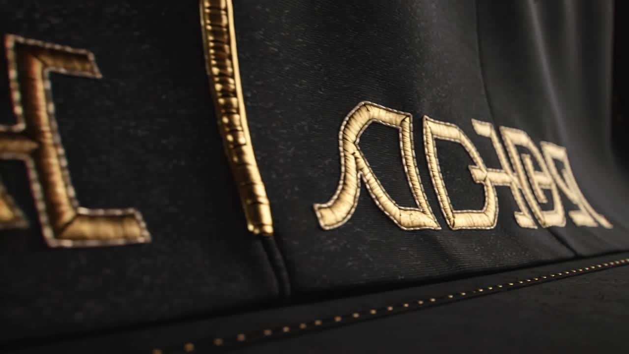 Sliding camera revealing gold embroidery on black fabric to expose logo, showing cord seam, studs