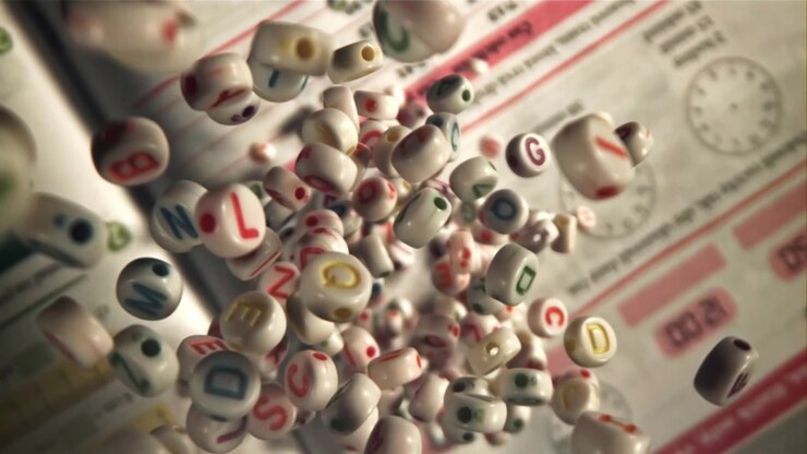 Macro ripresa di perline dell'alfabeto colorate che cadono su una pagina di libro