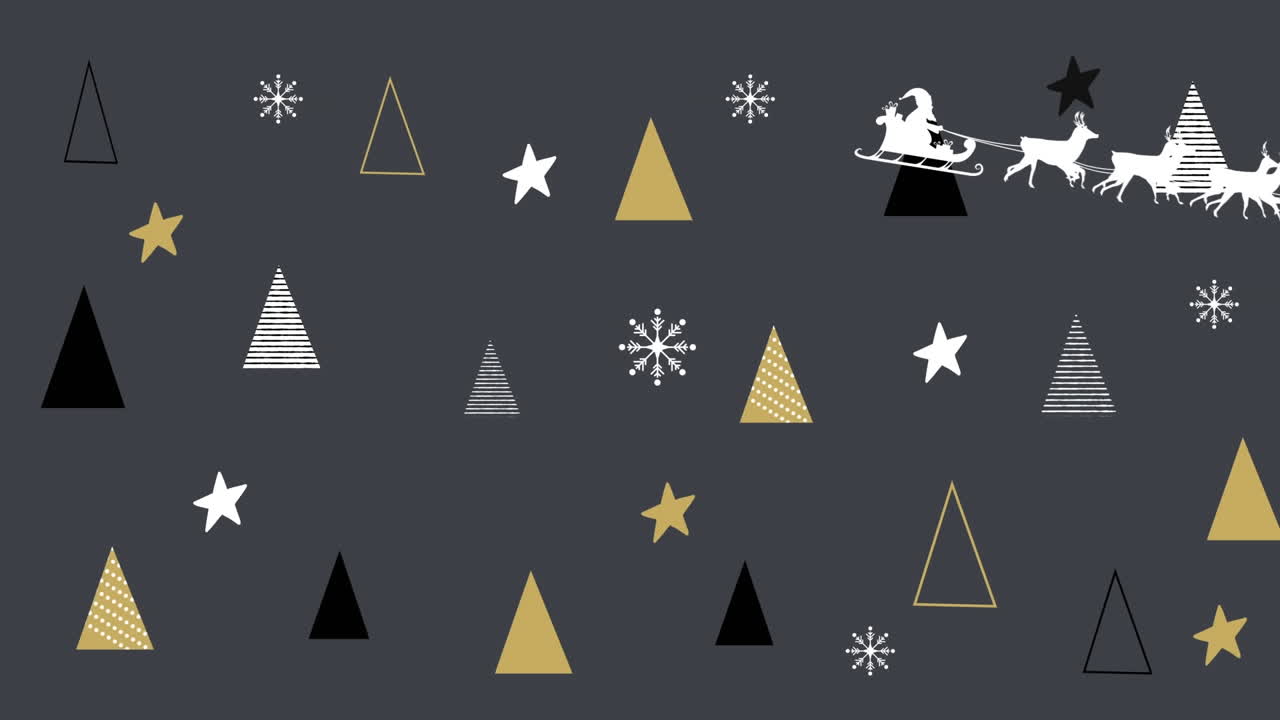 santa claus en trineo siendo tirado por renos contra los iconos del árbol de navidad en fondo gris