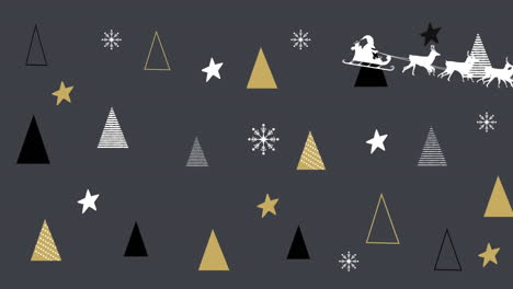 santa claus en trineo siendo tirado por renos contra los iconos del árbol de navidad en fondo gris