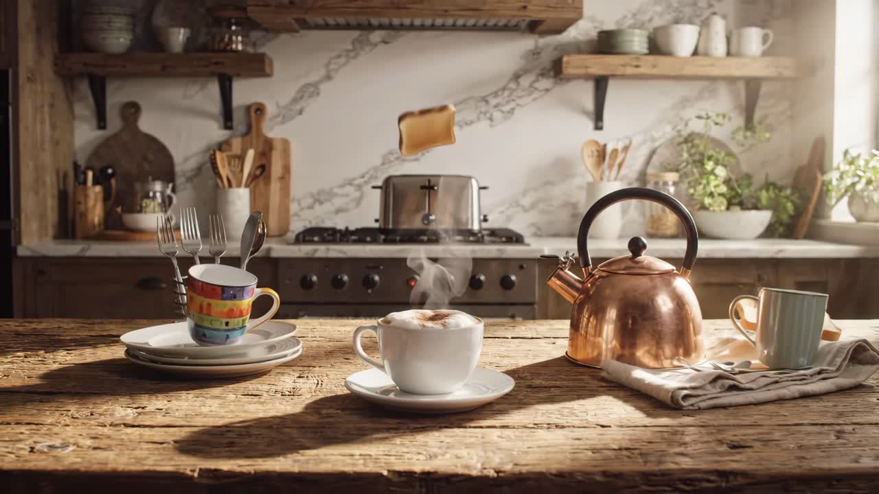 Dynamic Breakfast Scene with Flying Kitchenware and Steaming Coffee