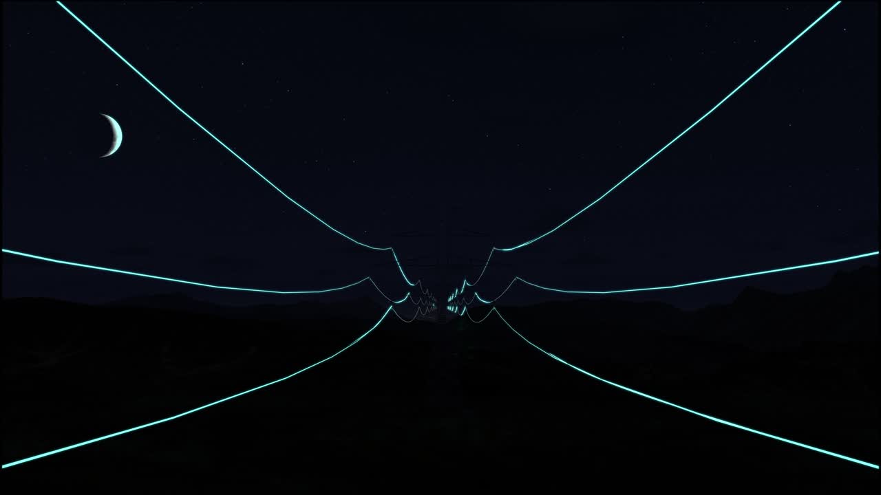 líneas de transmisión de energía con visualización digital 3d de la electricidad. imágenes escénicas con el cielo nocturno lleno de estrellas brillantes. concepto de energía verde renovable y entorno ecológico limpio