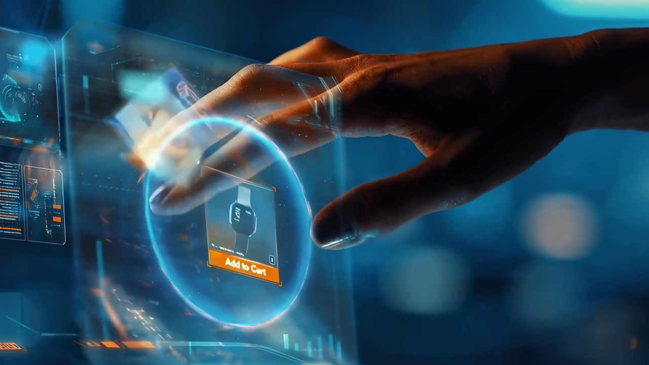 Futuristic video concept of a hand touching a digital shopping cart icon, side angle