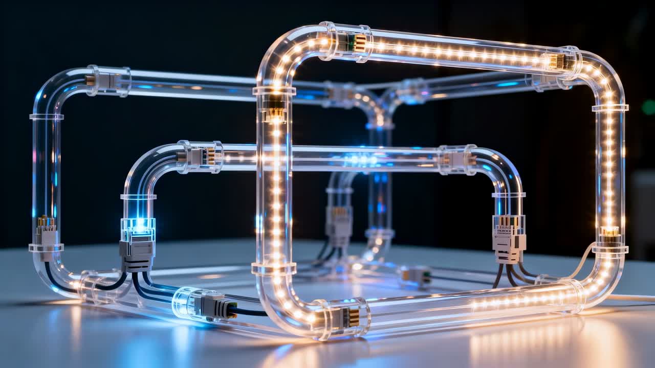 Shifting camera and starting light program, nested LED tubing revealing clamps on glossy tabletop