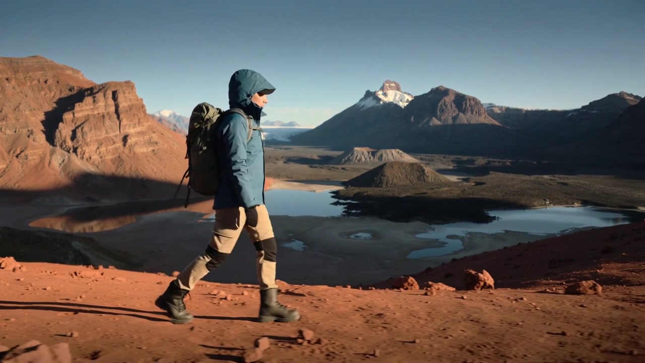 Walking lone hiker following trail, crossing red ridge above basin, in hooded jacket with pack