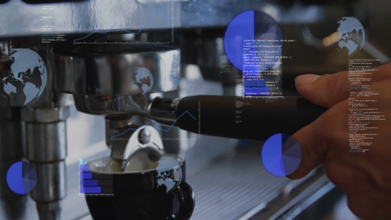 espresso machine portafilter pouring espresso into black cup, overlaying blue data charts