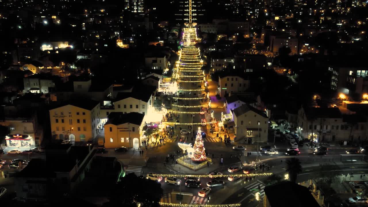 Christmas Light in the streets of Haifa Israel drone shot
