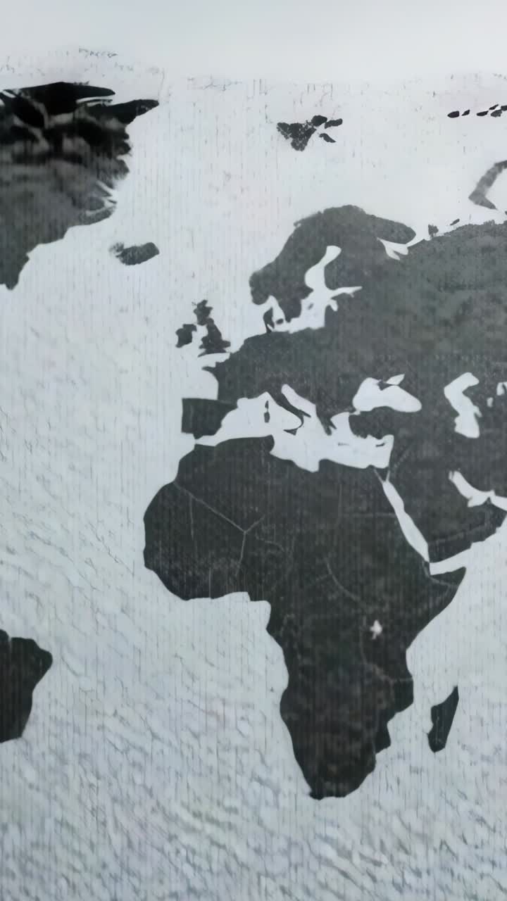 Vertical video: Animating static band rising over world map on wall forming black continents