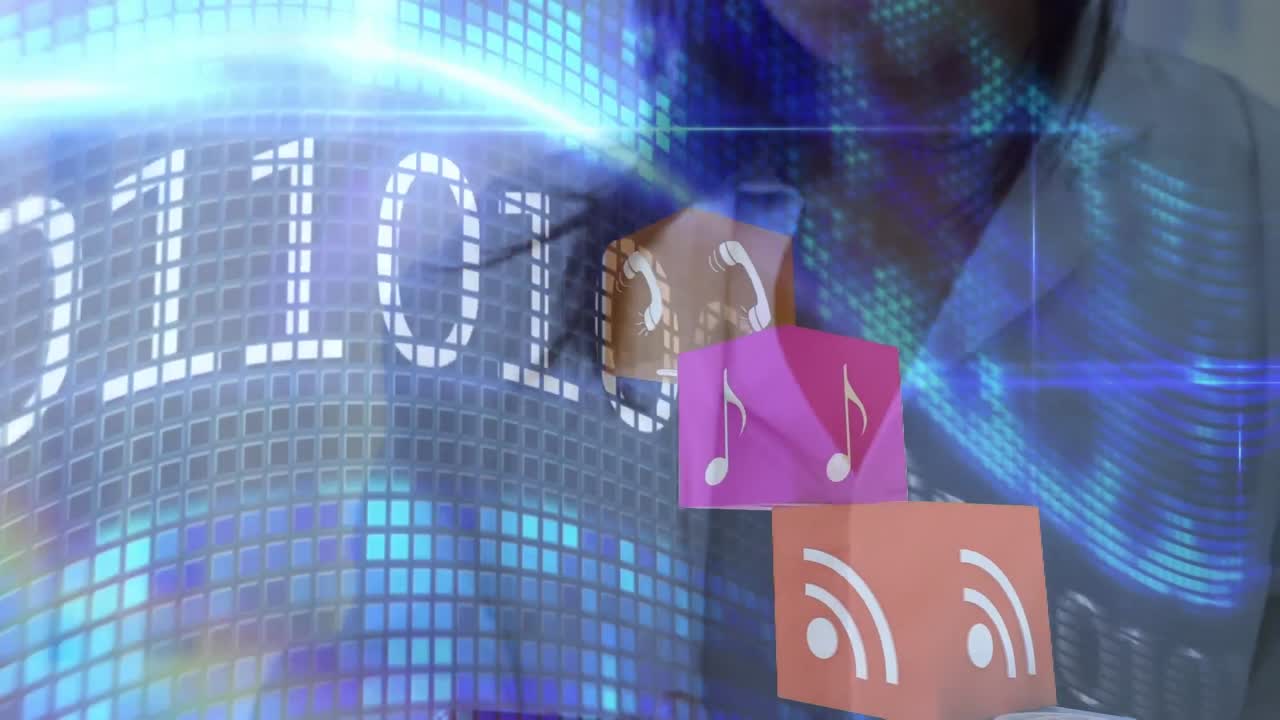 태블릿을 사용하는 백인 여성 의사에 대한 데이터 처리 애니메이션