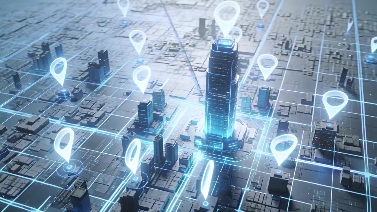 Spillo sul tetto di una torre con nucleo illuminato che emette collegamenti in una città 3D, con la telecamera che si muove attivando gli spilli per un focus sulla rete.