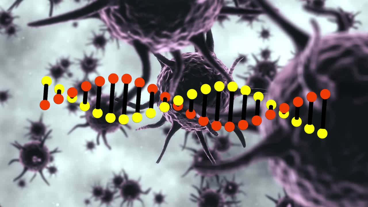 animación de la cadena de adn que gira sobre las células de covid 19