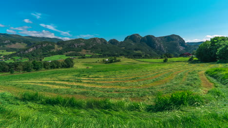 Landwirtschaftlicher-Traktor-Mäht-Silagegrüne-Weide-In-Ländlichen-Norwegischen-Landschaften,-Zeitraffer