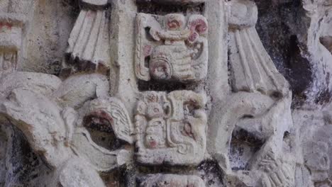 Tilt-down-ornate-carved-stone-stela-at-ancient-Mayan-ruin-of-Copan