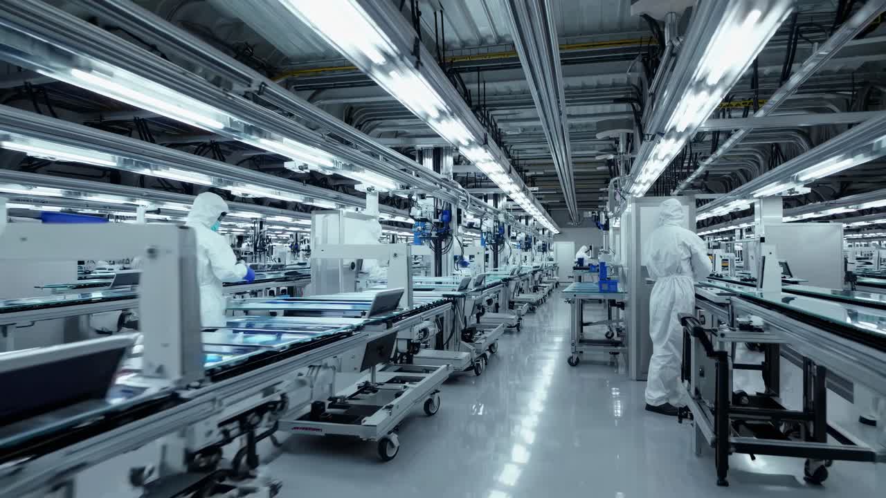 In a brightly lit high tech factory, technicians in protective suits are diligently working on a sophisticated LCD assembly line, ensuring quality and precision in the manufacturing process