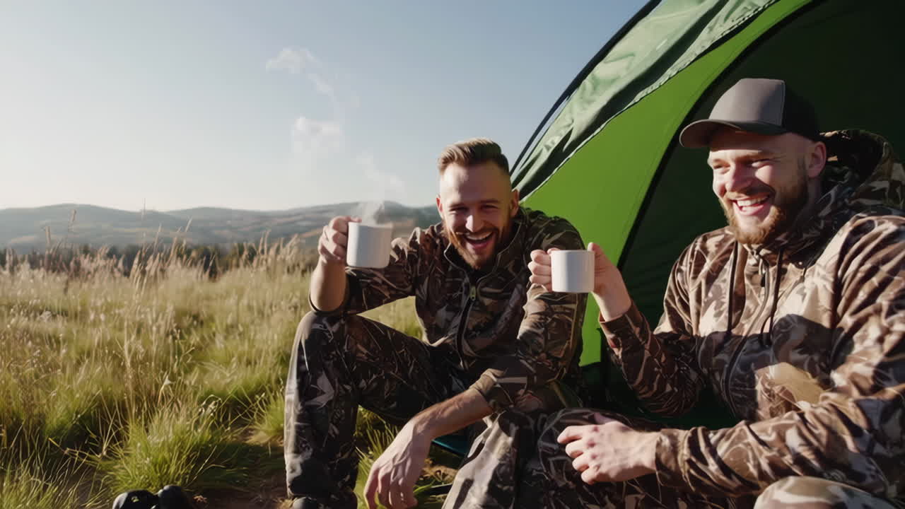 Friends Enjoying Hot Drinks While Camping in the Mountains