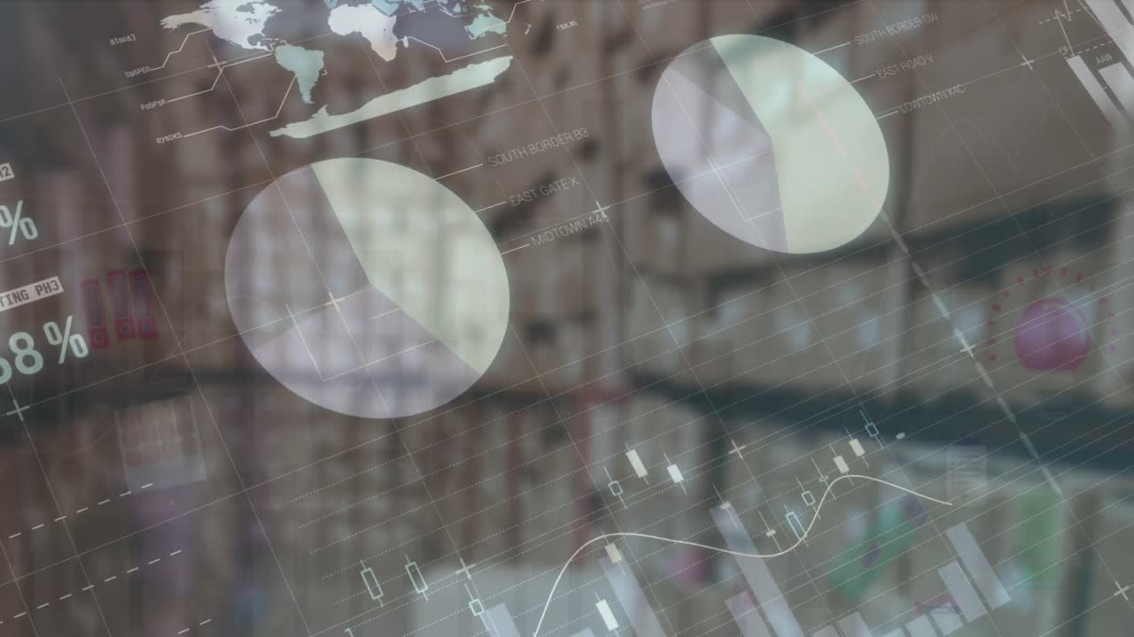 анимация финансовых данных и графиков над упаковками на складе