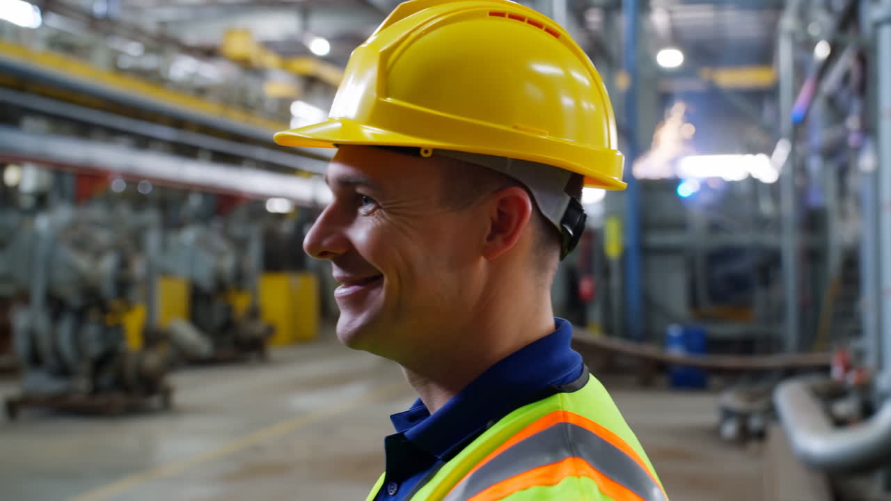 Operaio Sorridente con Cappello e Giubbotto di Sicurezza in un Impianto Industriale