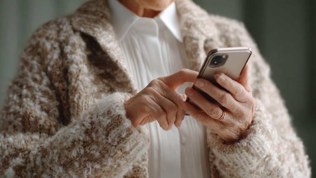 Una persona anziana indossa un comodo maglione mentre utilizza il proprio smartphone, in un momento di connessione e uso della tecnologia in un ambiente interno accogliente