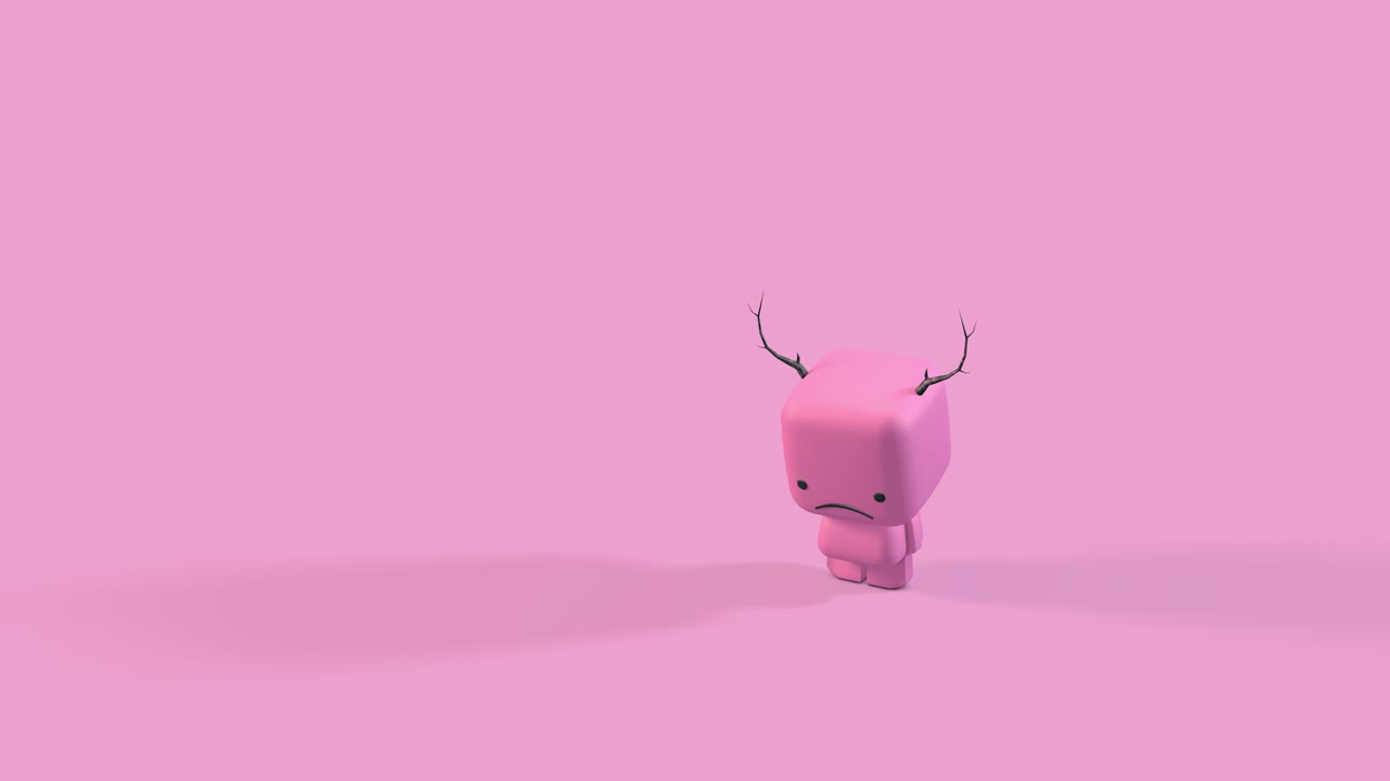 3d renderizado, animación de personajes tristes, modelo rosa con cuernos de ciervo