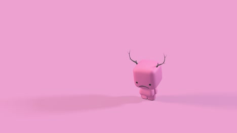 3d-Renderizado,-Animación-De-Personajes-Tristes,-Modelo-Rosa-Con-Cuernos-De-Ciervo