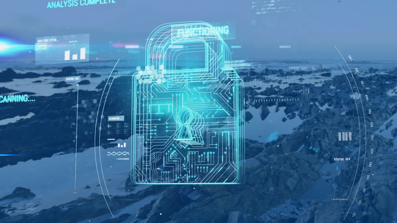 Digital padlock hovering over rocky shore, showing neon circuits, data panels and scanning charts