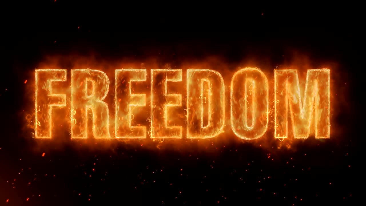 자유의 단어: 현실적인 불꽃에 뜨거운 불타는 불꽃, 불꽃과 연기가 연속적으로 원활하게 순환하는 애니메이션