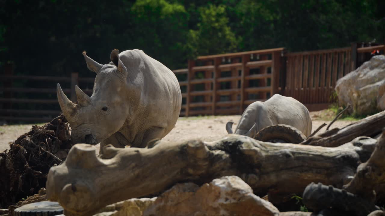 Rhinos with a new baby walking around their enclosure during the day