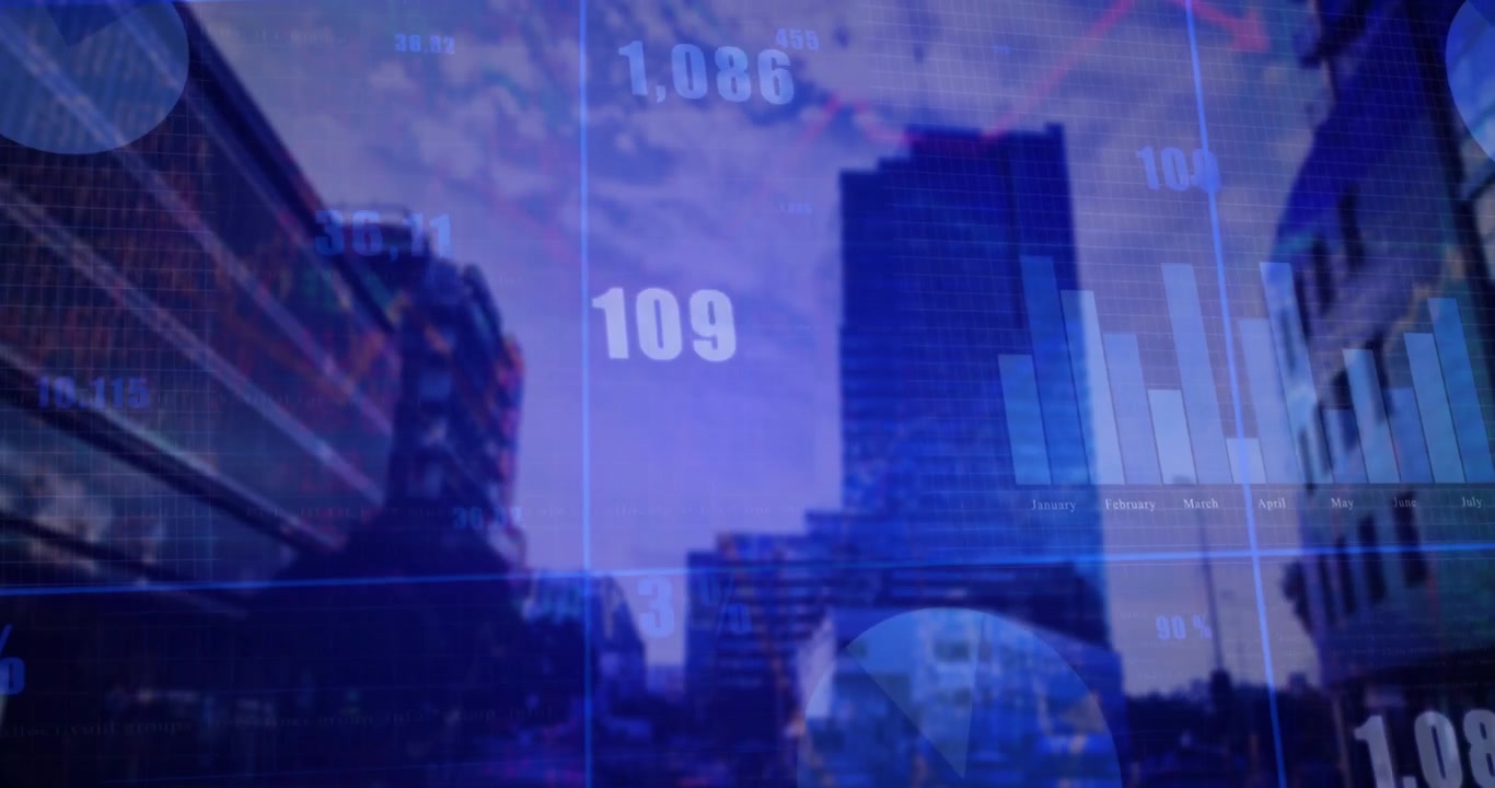 Dati aziendali digitali e grafici su un paesaggio urbano moderno