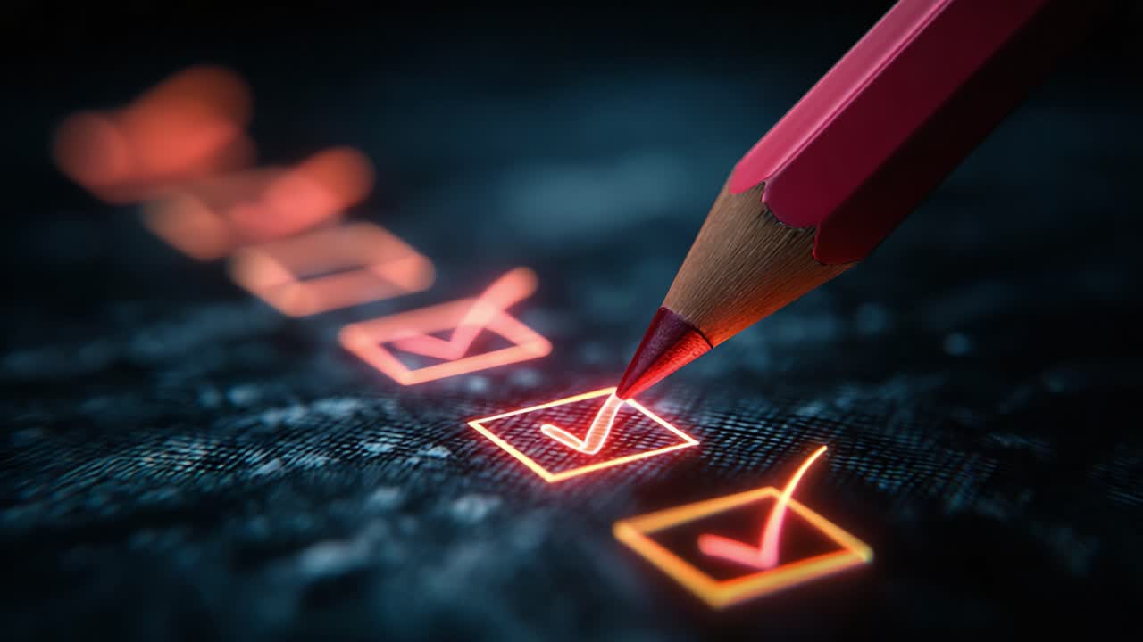 A Close-Up of a Colorful Pencil Marking Off Checks on a Neon Checklist in a Styled Visual Representation of Task Management and Completion