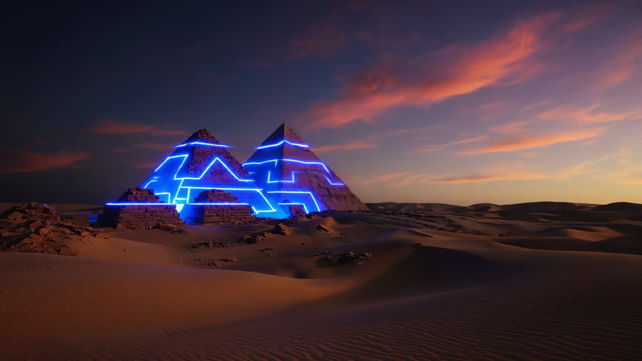 Futuristic Pyramids in the Desert at Sunset