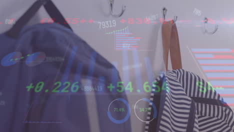 animation of graphs, changing numbers and trading board over bag hanged on hook