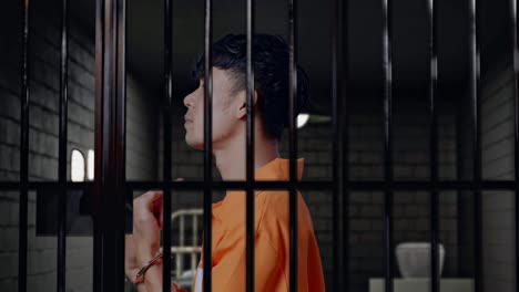 vista lateral de cerca de un prisionero masculino asiático con esposas de pie en la prisión, señalándose con los dedos y sacudiendo la cabeza enojado dudando de algo
