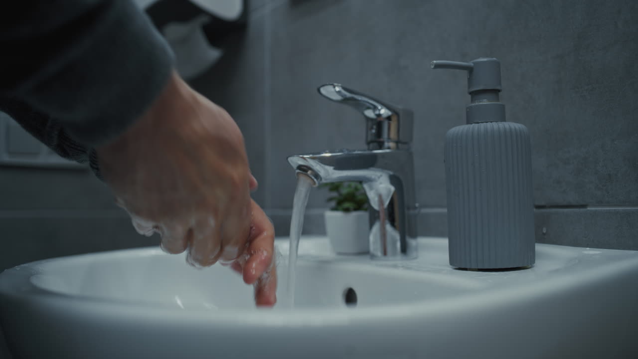 Businessman Cleaning and Washing His Hands Hand Hygiene After Using the Toilet