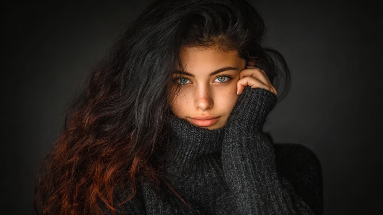 Captivating Portrait of a Young Woman with Striking Blue Eyes, Radiant Skin, and Lush Hair Among Soft Lighting in a Cozy Sweater Knit Fashion