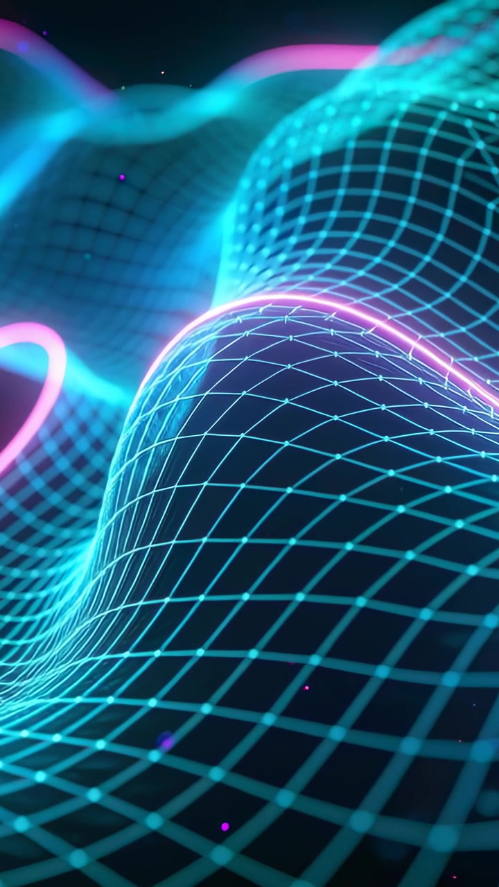 Vertical video: Play starting cyan mesh waving forward in void, neon ribbon, purple dots moving