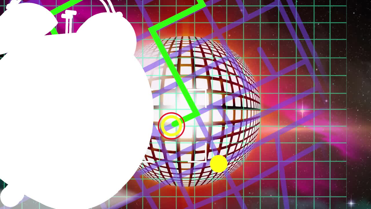 animación del reloj despertador y el patrón de navegación con líneas móviles sobre la bola de discoteca