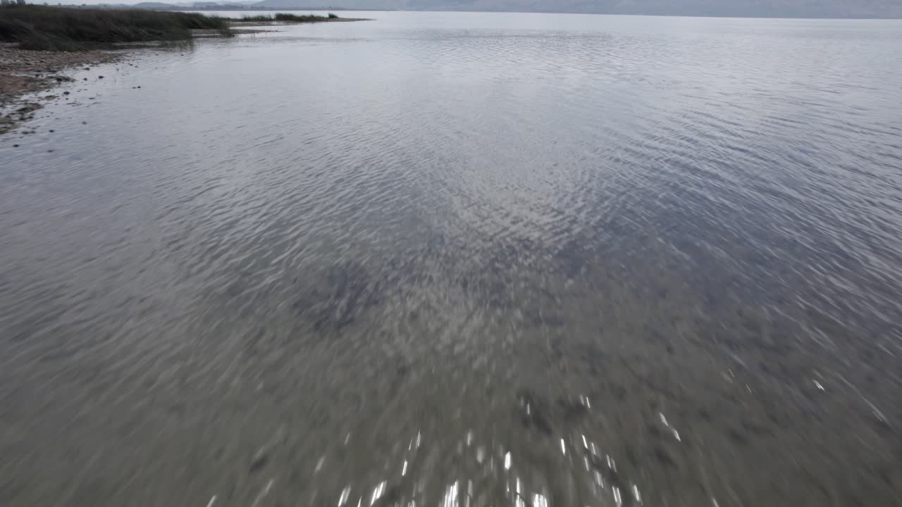 video con un dron en el lago skadar en albania, en un viejo bote de madera en primer plano, superándolo en diferentes planos al nivel del agua